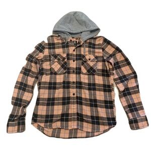 Amnesia Black & Peach Plaid Hooded Flannel Shirt - Size Medium